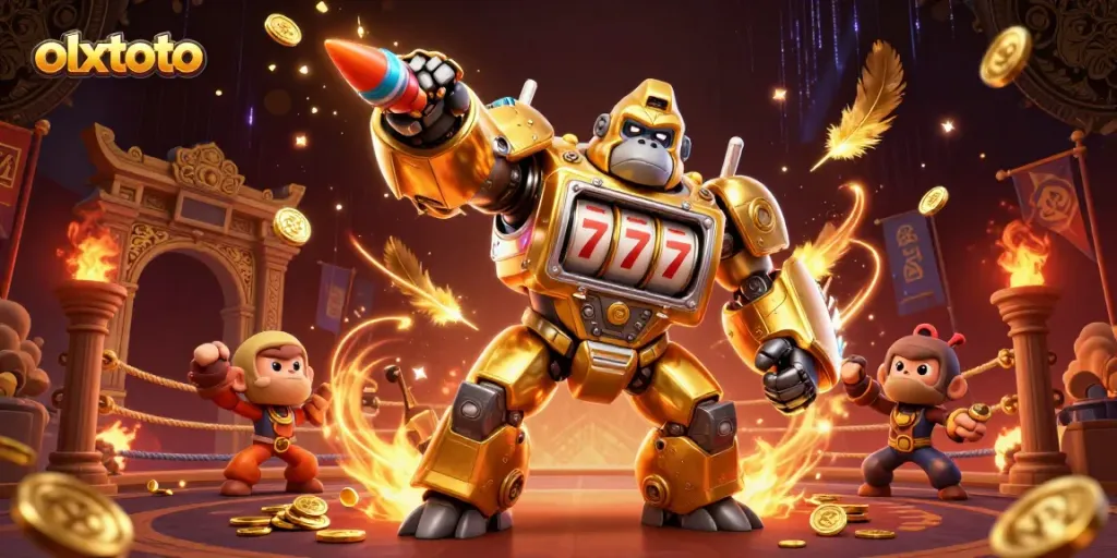 OLXTOTO memberikan pengalaman slot yang menakjubkan dengan gorila emas mecha dan banyak koin berputar.