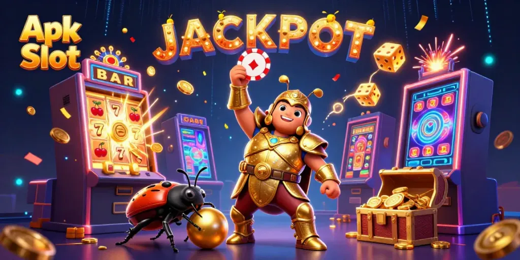 Menangkan Apk Slot dengan simbol jackpot yang meriah dan karakter unik di dalam gambar