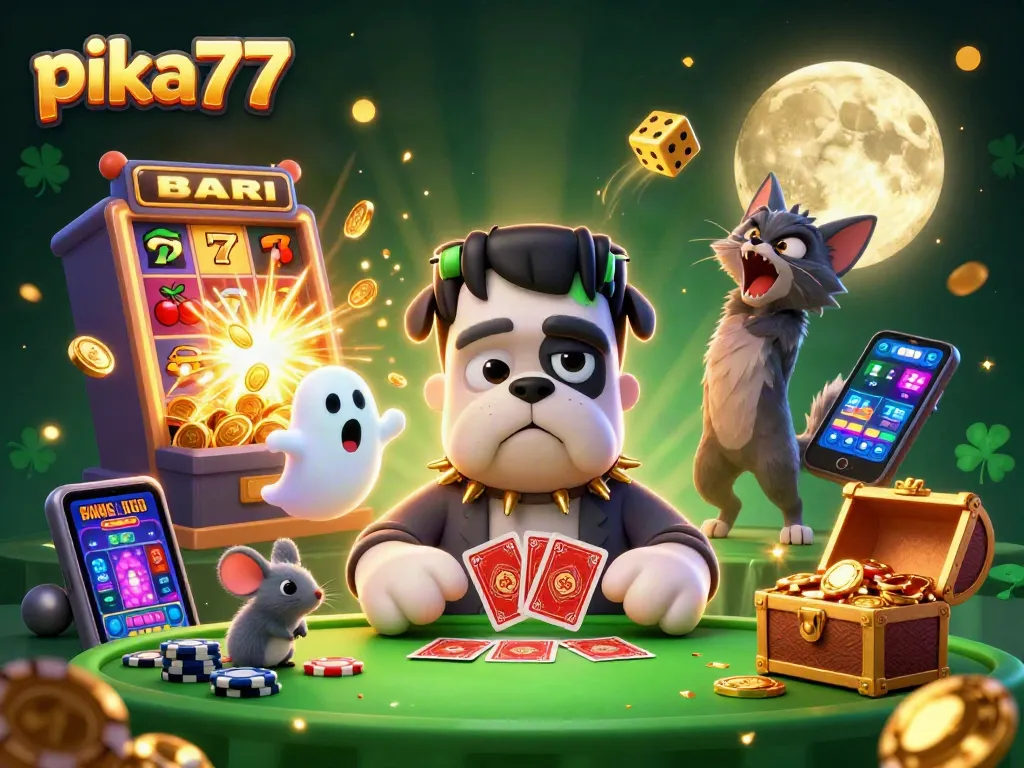 Pika77 engages players with thrilling casino games at a spooky, vibrant gaming table.