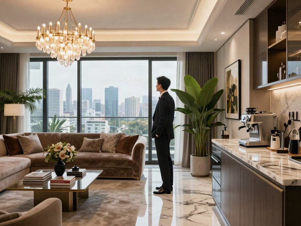Desain interior mewah luxury111 dalam penthouse modern dengan pemandangan kota.