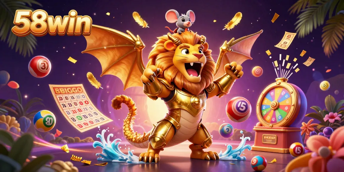 A dynamic scene of 58win's chimera creature and mouse jockey amidst colorful gambling elements illustrating excitement and rewards.