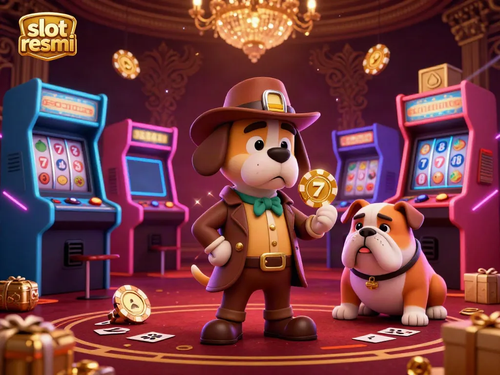 Spin the reels with slot resmi, a cartoon detective bloodhound and bulldog uncover clues in a vibrant casino scene.