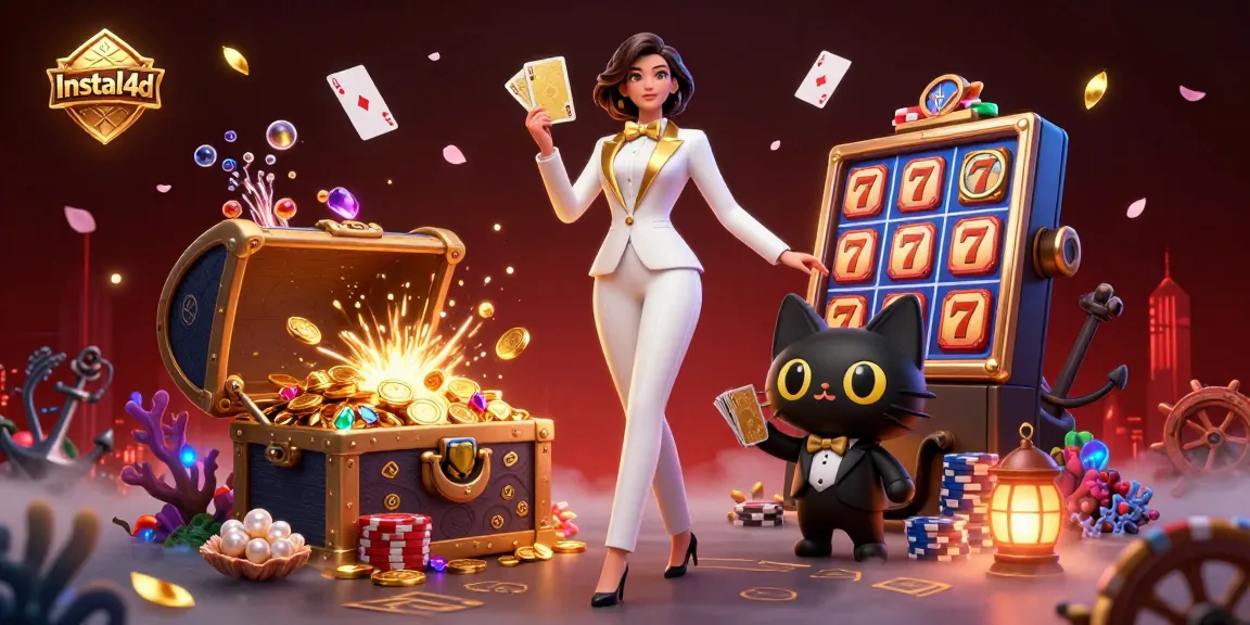 Instal4d showcases thrilling slots and jackpots with a glamorous woman in action, surrounded by exciting casino elements.