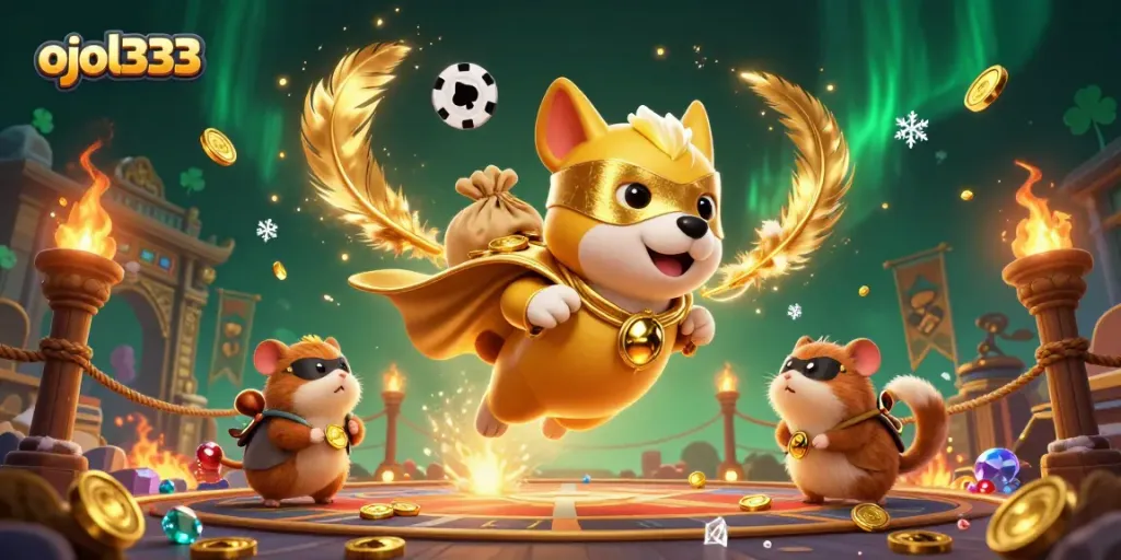 Spin fortunes with ojol333's vibrant 3D illustration showcasing a superhero dog and hamster in an exhilarating gambling scene.