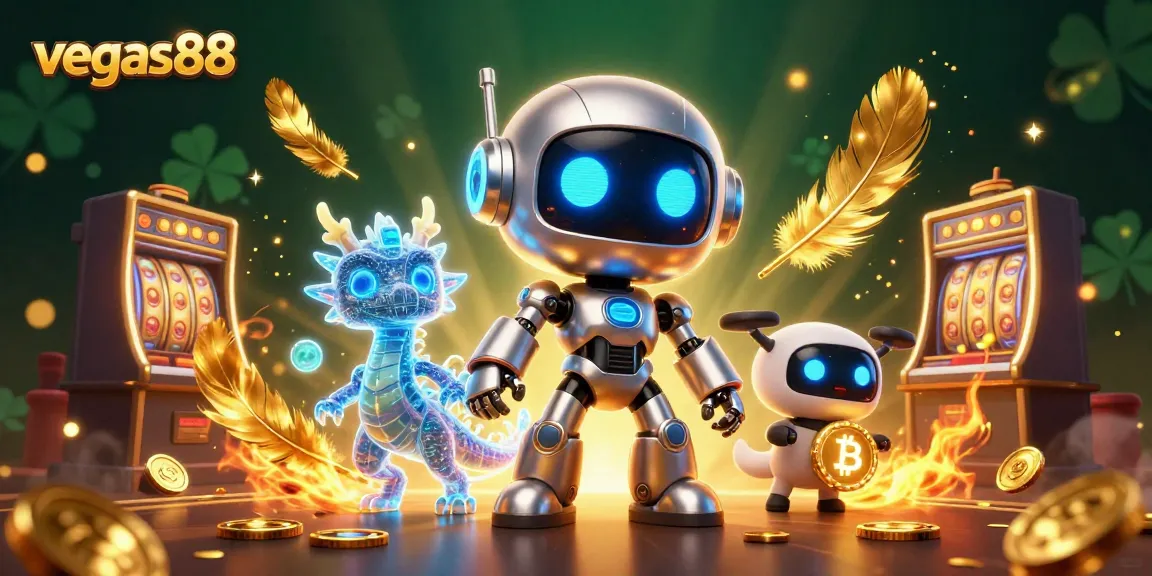 Rasakan sensasi bermain di vegas88 dengan robot cyberpunk dan simbol bitcoin di kasino.