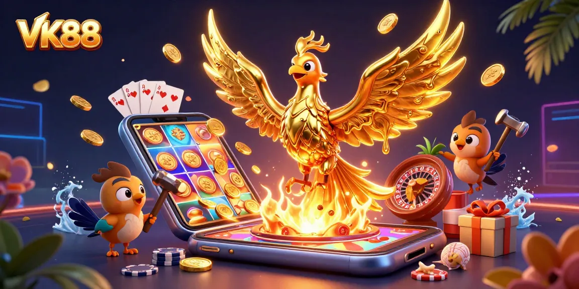 Engage with VK88 by winning big in this vibrant, dynamic casino illustration featuring a phoenix and exciting game elements.