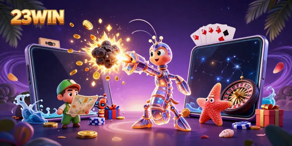Engage with 23WIN's thrilling gaming experience featuring golden coins, a vibrant starfish, and rich casino elements.