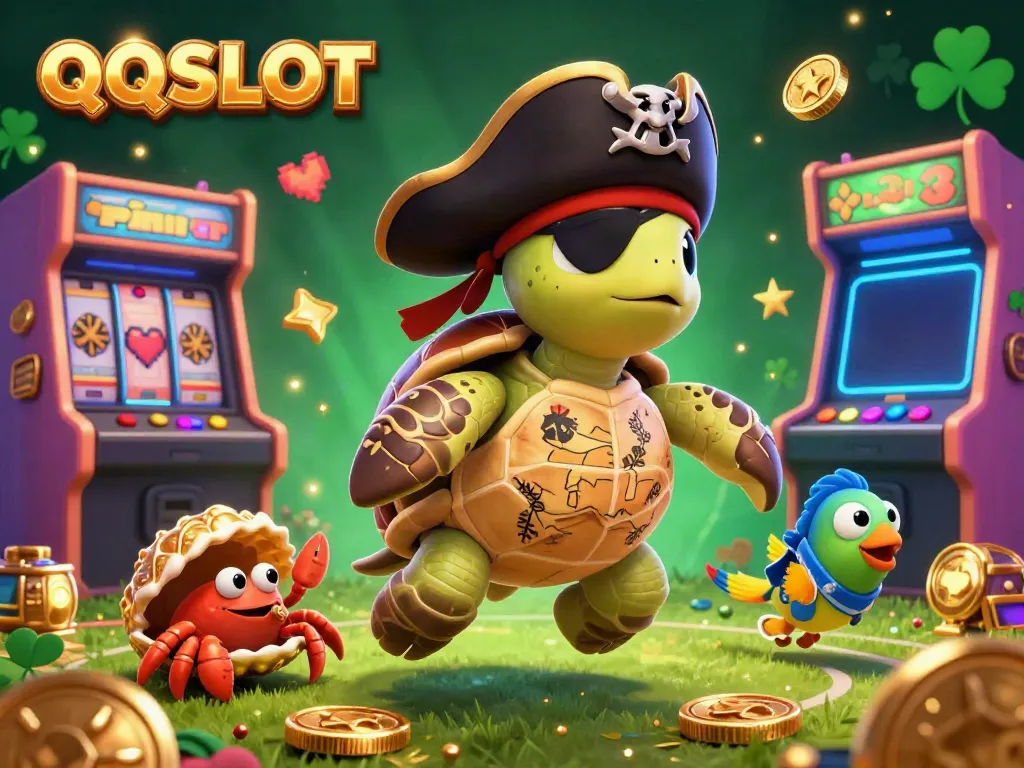 Experience thrilling QQSLOT action with a colorful 3D gambling scene featuring a pirate turtle and treasure.