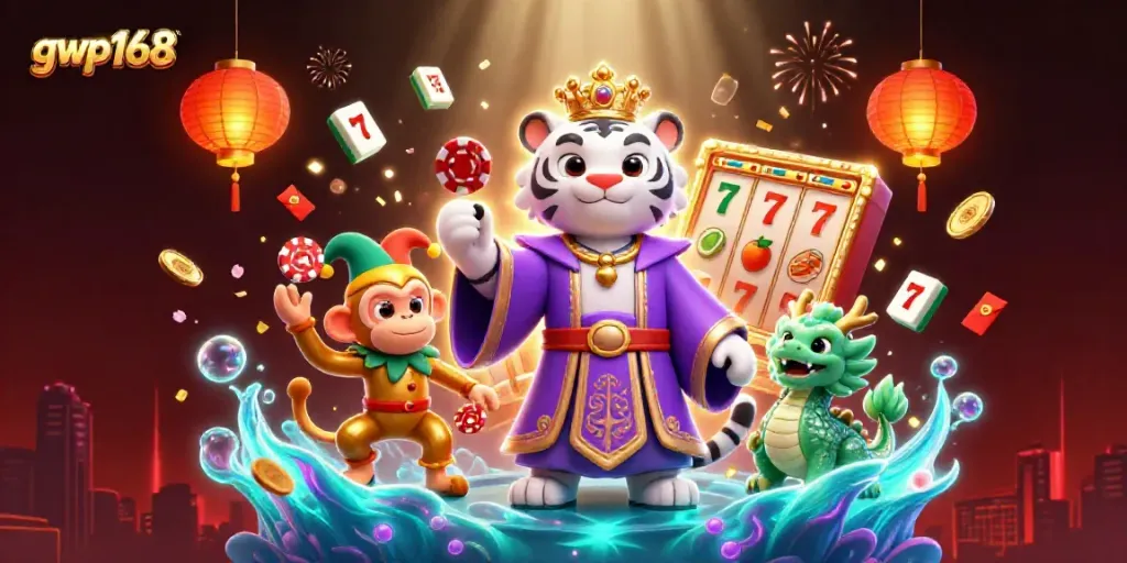 Permainan menarik di gwp168 dengan harimau putih, monyet emas, dan elemen slot yang berkilauan.