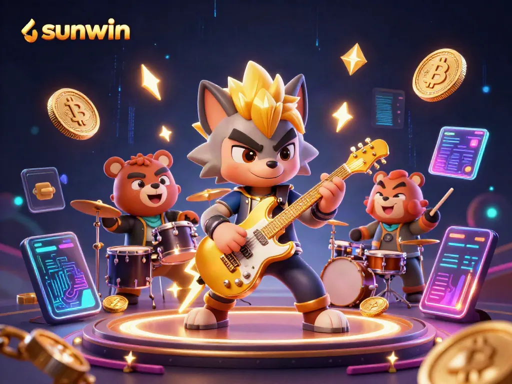 Engage in gaming excitement with sunwin as a rock star wolf shreds on a golden guitar amidst vibrant crypto elements.