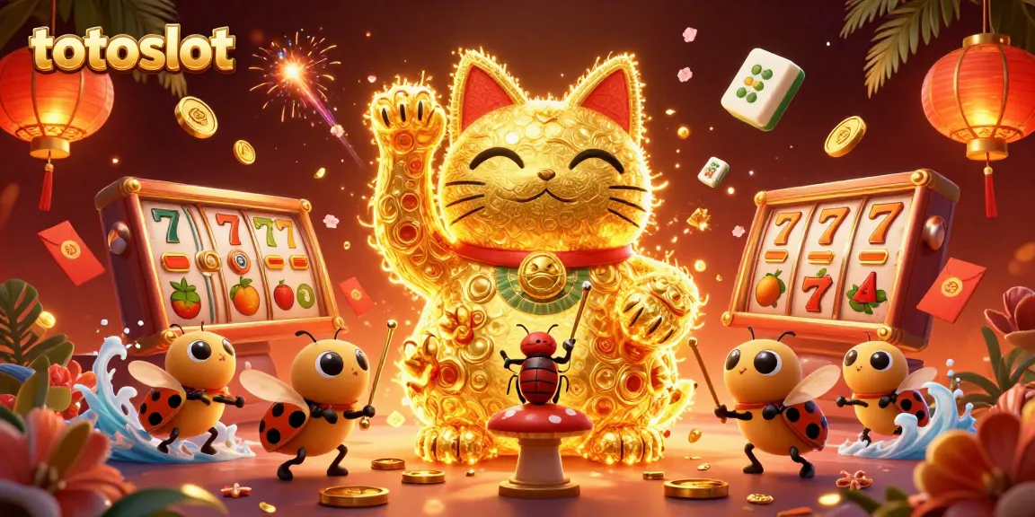 Experience the excitement of totoslot with a vibrant illustration of a giant lucky cat and dynamic casino symbols.