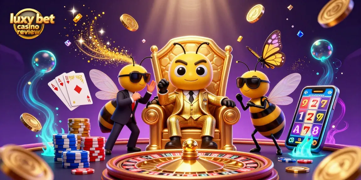 Experience the luxy bet casino review with an energetic 3D illustration showcasing a bee mob boss and casino elements.