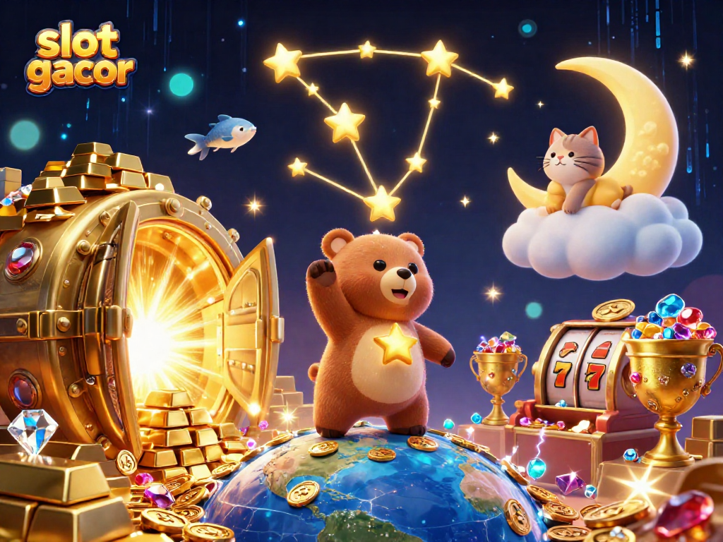 Engage with slot gacor gaming opportunities as a constellation bear scoops coins surrounded by treasure.