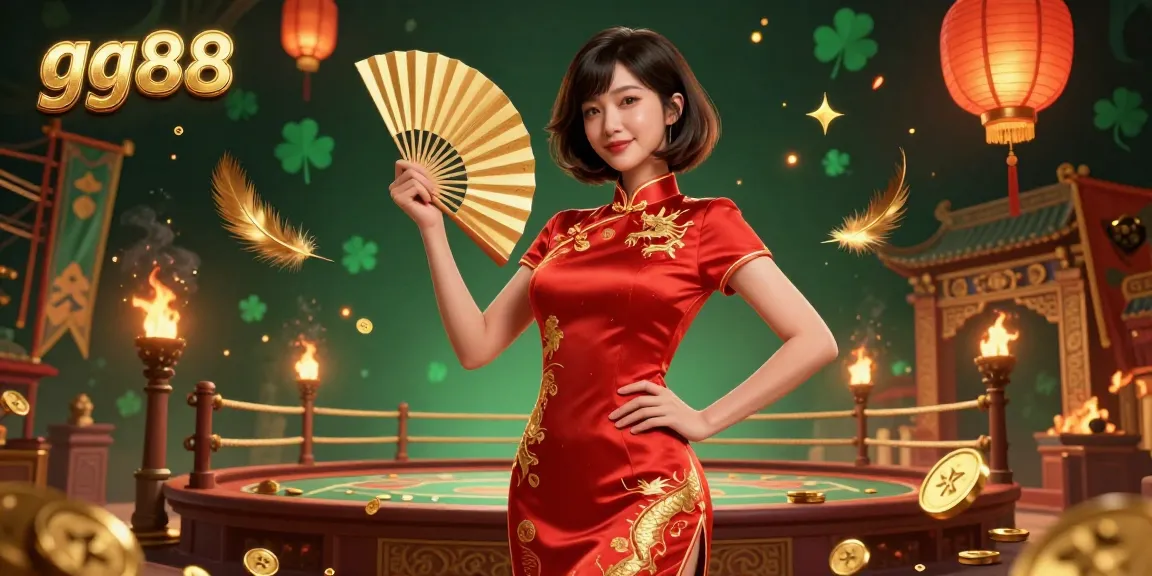 Experience thrilling adventures at gg88 with a stunning Asian woman in a vibrant qipao, vibrant gaming elements, and captivating gold accents.