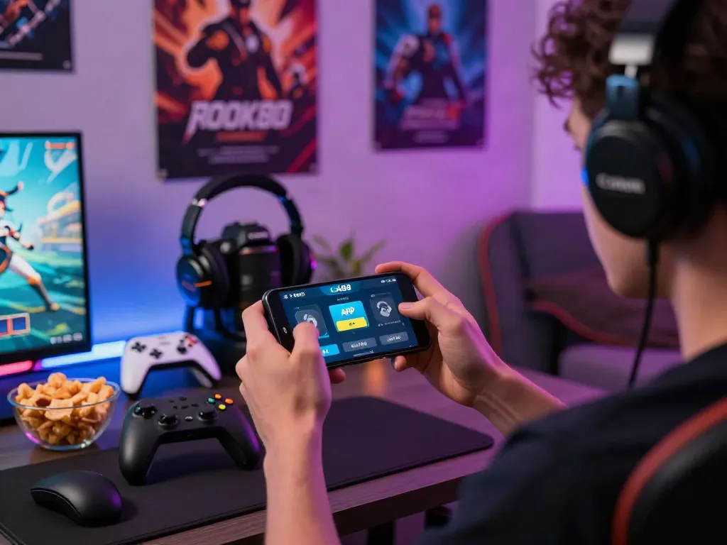 Engaging gaming scene featuring the rokok88 apk interface on smartphone, colorful ambiance.