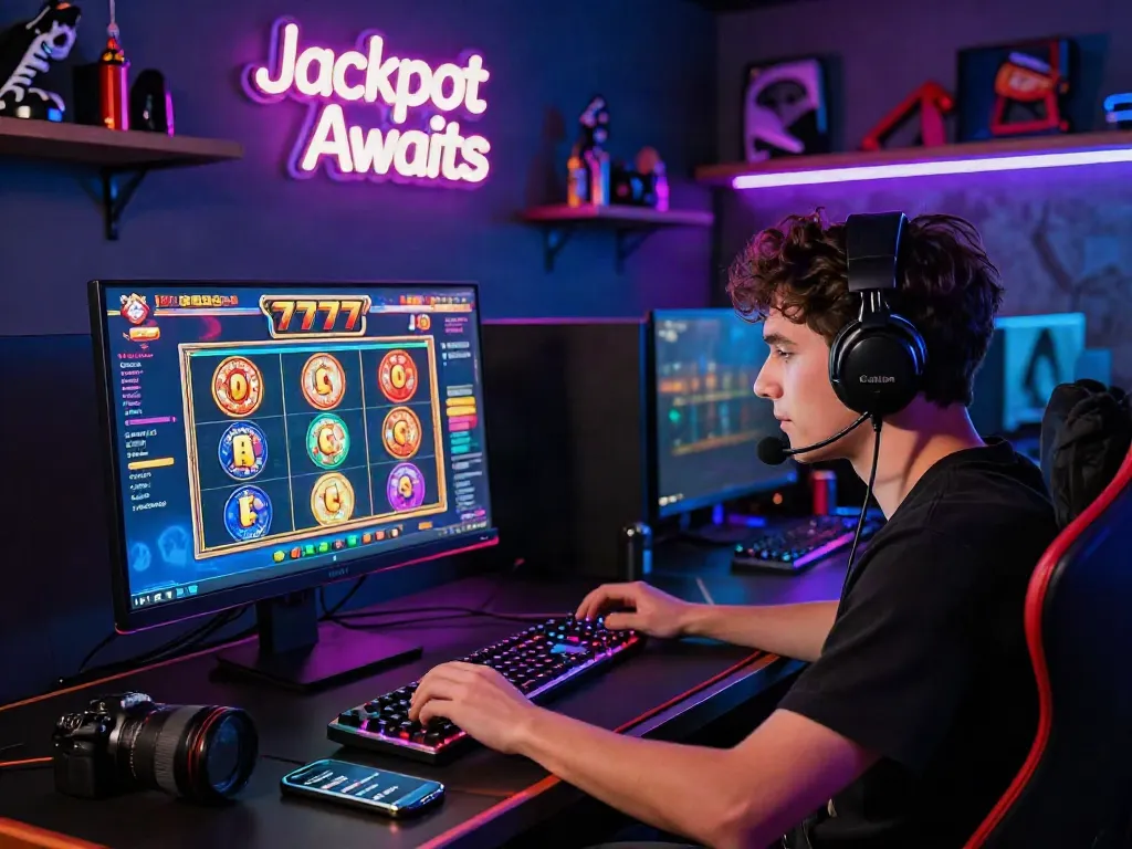 Excited player enjoying slot777 on a high-definition gaming monitor with vibrant visuals and gaming accessories.