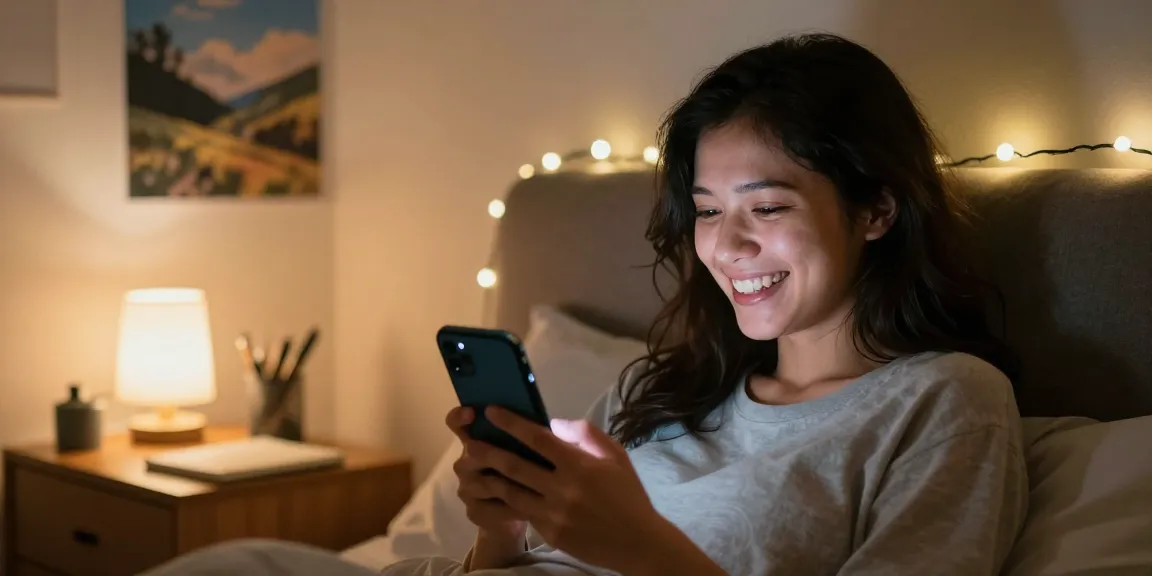 Engaging conversation with an AI girlfriend through a smartphone in a cozy bedroom setting.