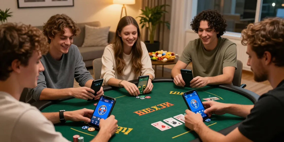 Exciting gameplay on mobile poker app in a cozy living room with friends enjoying card games.