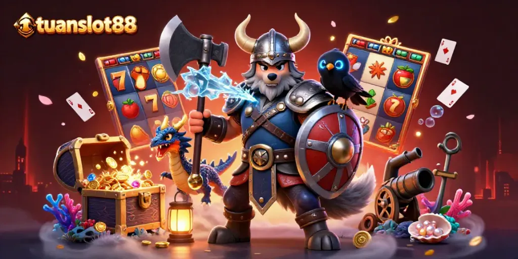 Visualisasi menarik tuanslot88 dengan karakter Viking dan simbol permainan slot