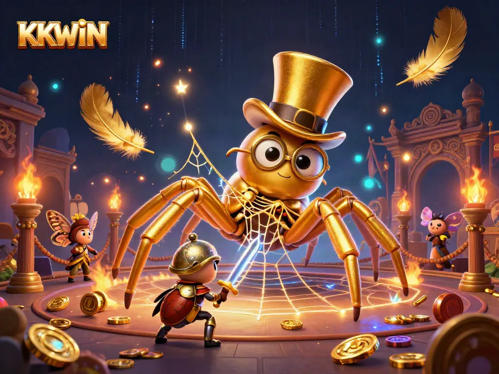 KKWIN delivers captivating casino action featuring a giant tarantula and knight in a vibrant gambling arena.