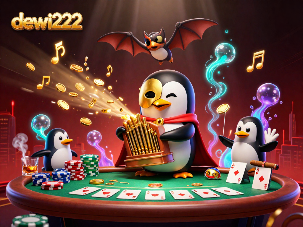 dewi222 mengundang keberuntungan dengan penguin opera bermain organ yang menyemburkan koin emas di meja poker