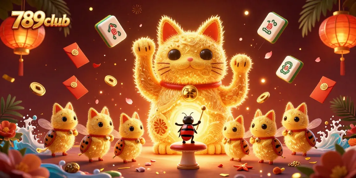 Engage with the captivating 789club illustration featuring a giant lucky cat made of golden fireflies and casino symbols.
