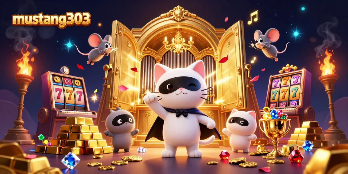 Engage with mustang303 as the phantom cat plays a casino organ amidst jewels and lucky slot reels.
