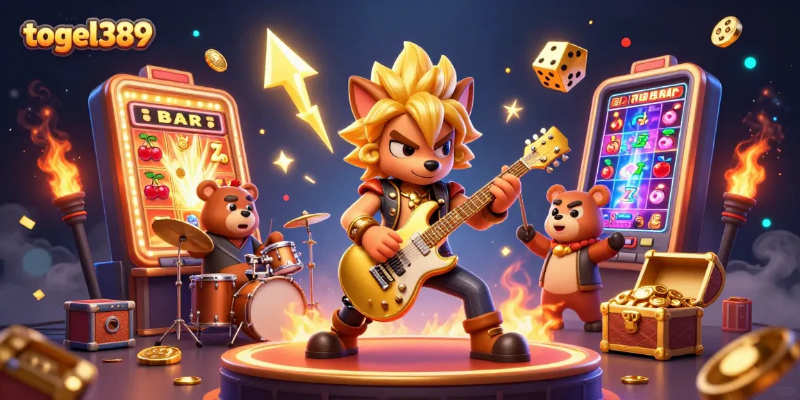 Win big with togel389 as a rock star wolf shreds the guitar surrounded by exciting casino action.