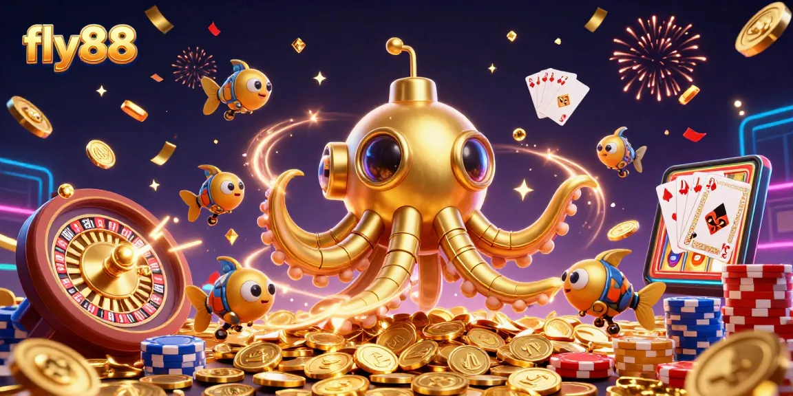 Fly88 offers thrilling online gambling adventures with rich visuals of a mystical kraken and golden treasures.