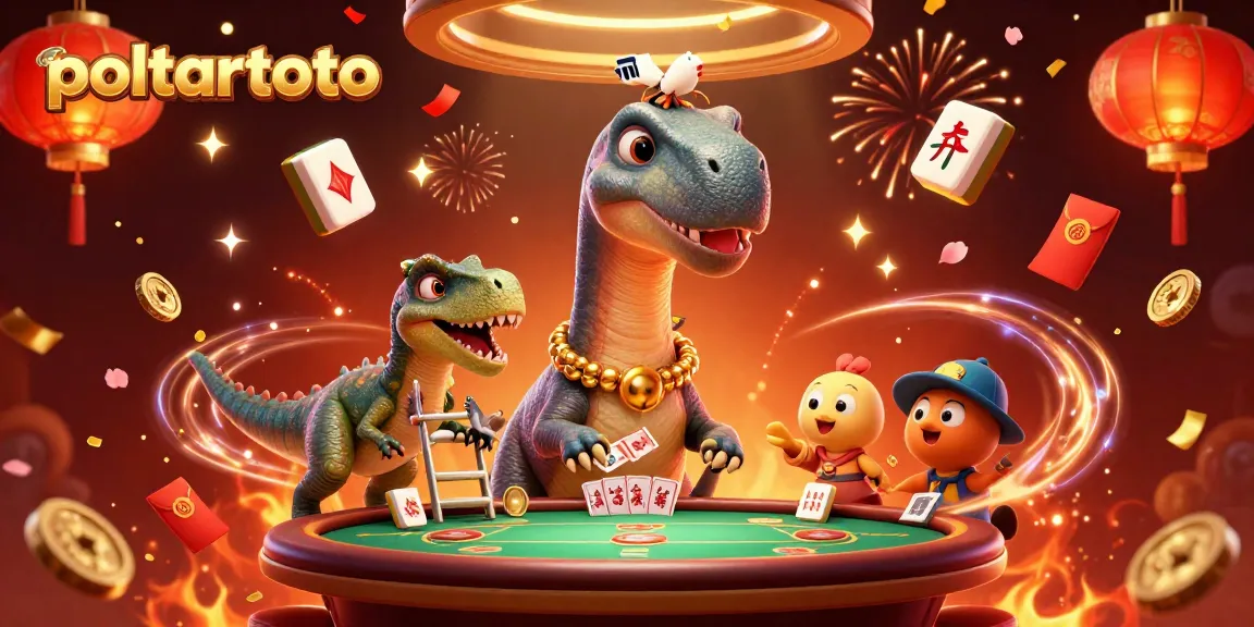 Bermain di poltartoto, brontosaurus raksasa mengawasi meja poker dengan raptor yang membagikan kartu.