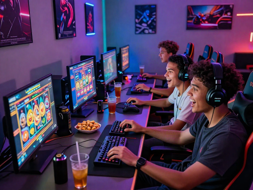 Friends enjoying an exciting session of bandar slot gaming, surrounded by vibrant screens and snacks.