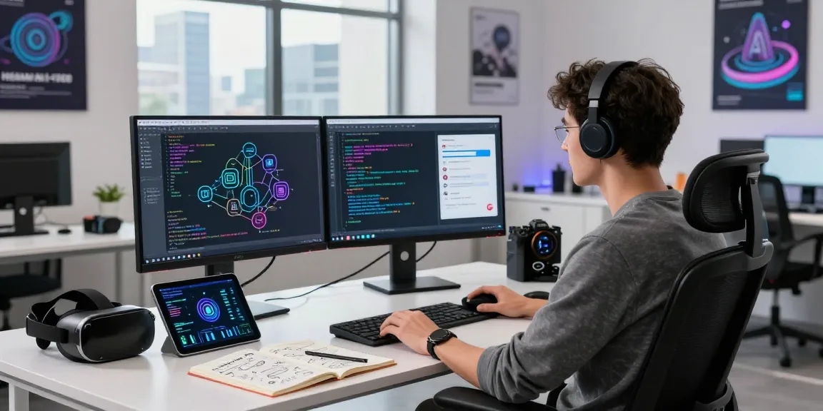 AI developer working on spicy AI models with dual monitors and tech gadgets in a vibrant workspace