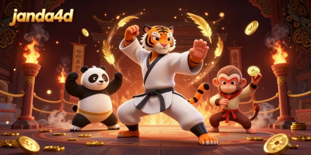 JANDA4D, sebuah pertarungan kasino yang menampilkan master harimau kung fu dan panda dalam pose, dikelilingi koin emas dan efek api.