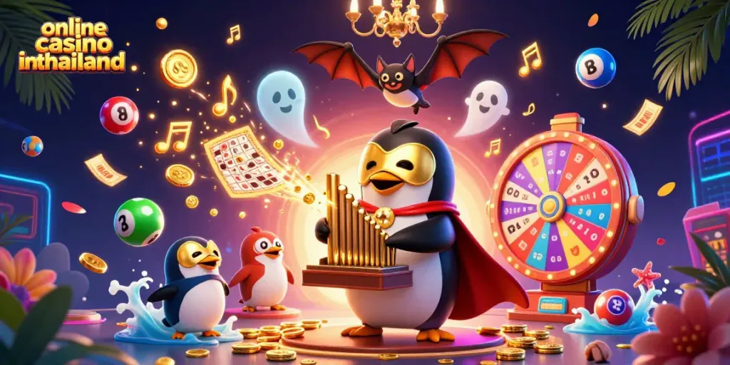 Enjoy the exciting world of online casino in thailand with a penguin organist shooting gold coins.