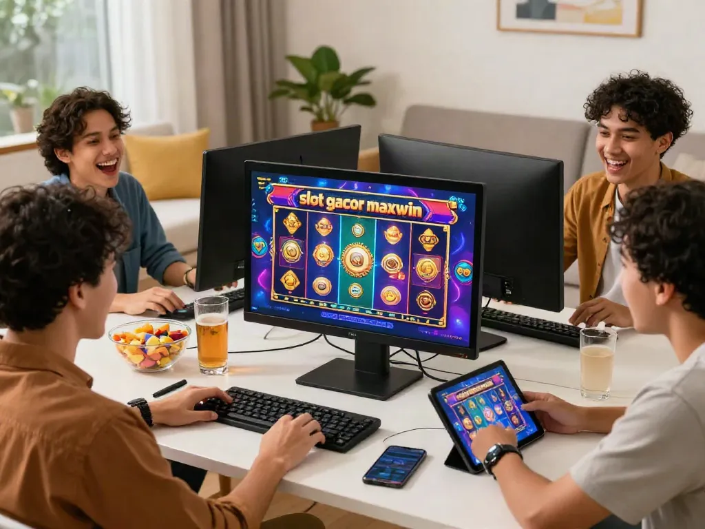 Friends enjoying an online game of slot gacor maxwin in a vibrant living room.