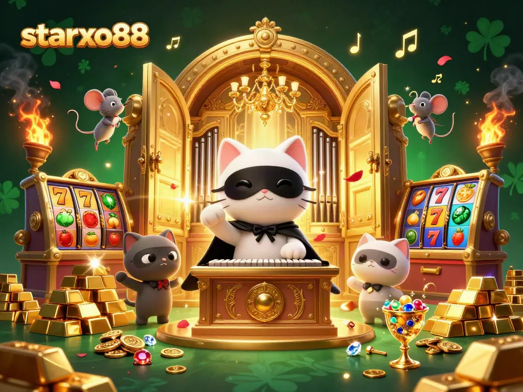Experience the thrill with starxo88 as the phantom cat plays beside vibrant slot reels and treasures.