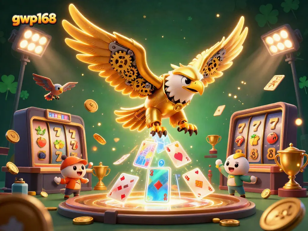 GWP168 menampilkan pemenang jackpot dalam podcast dengan suasana permainan yang penuh warna.