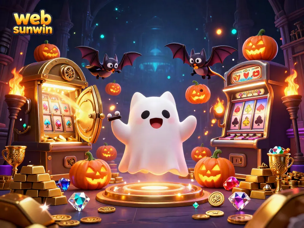 Engage with web sunwin's vibrant 3D illustration, showcasing a friendly ghost cat and vampire bat in a casino!
