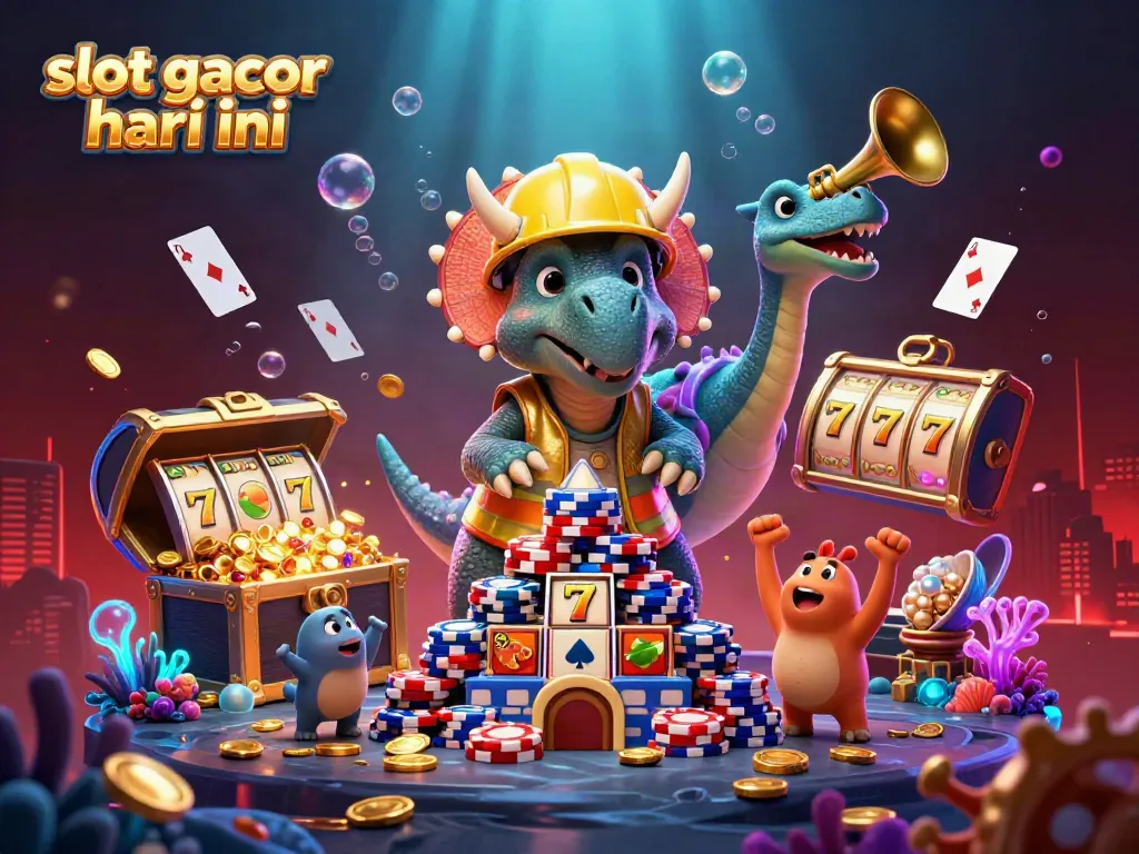 Slot gacor hari ini dengan triceratops membangun piramida chip poker, merayakan kemenangan.