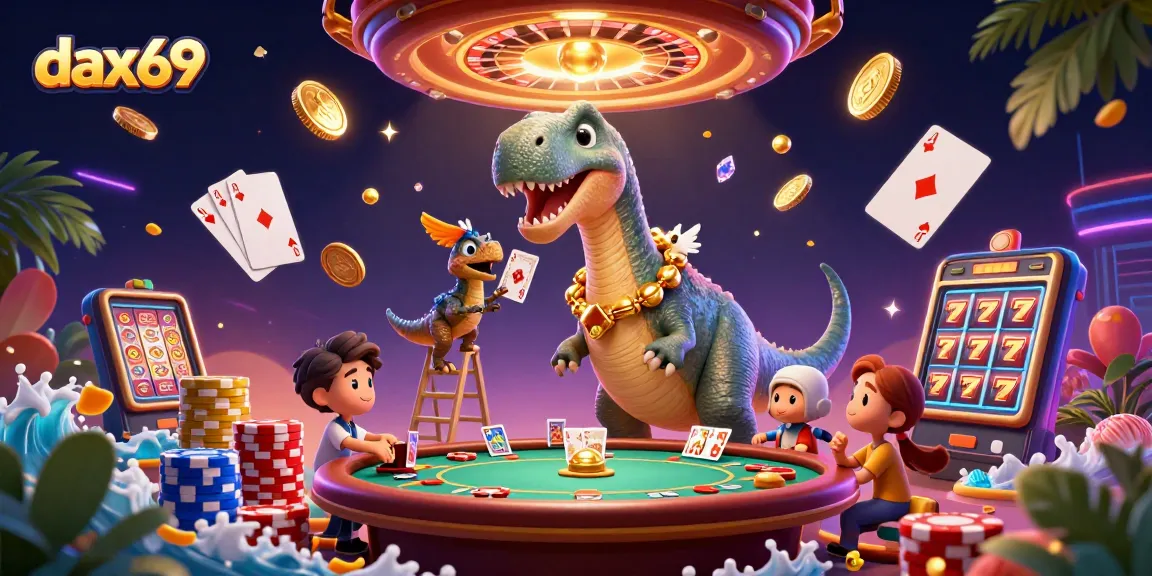 Dax69 menghadirkan suasana permainan kasino dengan dinosaurus lucu dan kartu yang dibagikan secara langsung.
