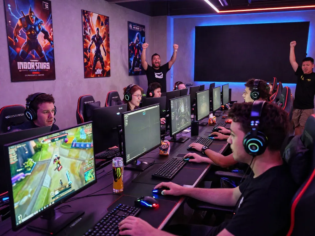 Bro138 gamers engaging in a competitive online game session at a vibrant gaming lounge.