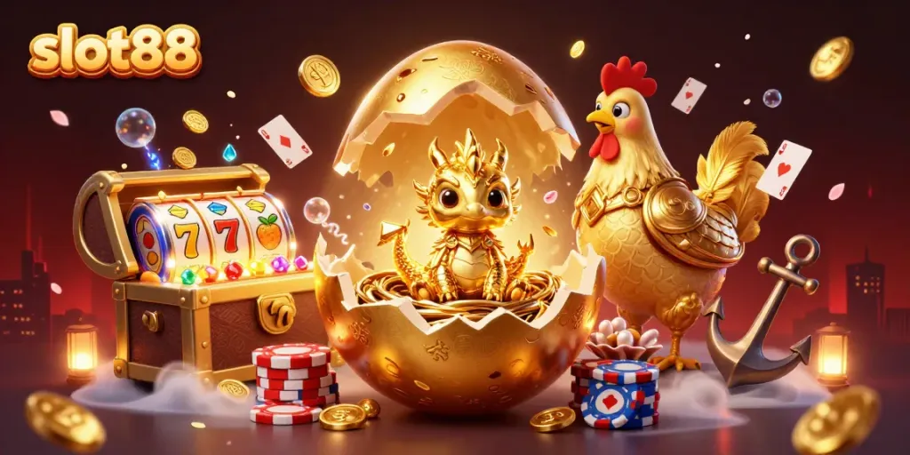 Slot88 mempersembahkan ilustrasi kasino yang meriah dengan telur emas dan naga, penuh harta.