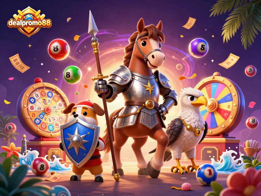 Experience thrilling gaming with dealpromo88 in a vibrant lottery-themed casino illustration.