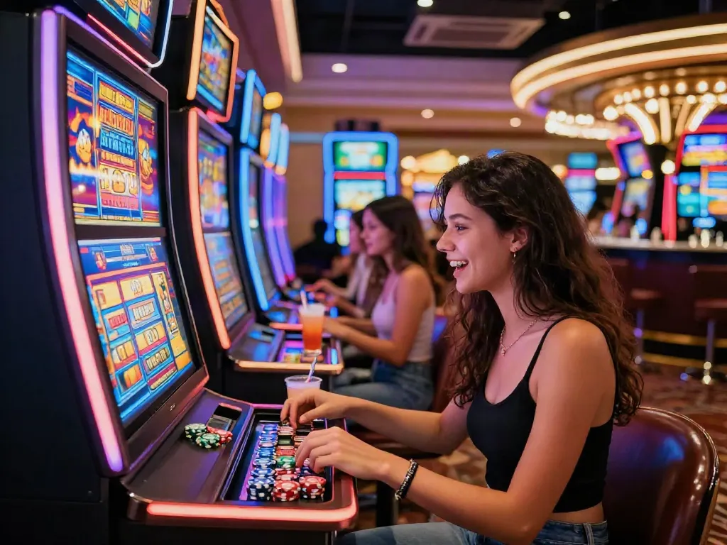 Engaging scene of a woman playing ทดลองสล็อต at a vibrant casino, surrounded by colorful slot machines and lively atmosphere.