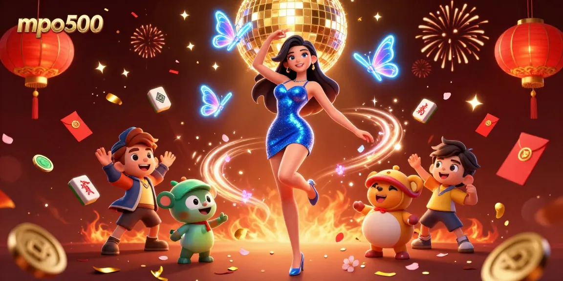 Mpo500 invites players with a glamorous woman dancing amid colorful casino elements in a festive celebration.