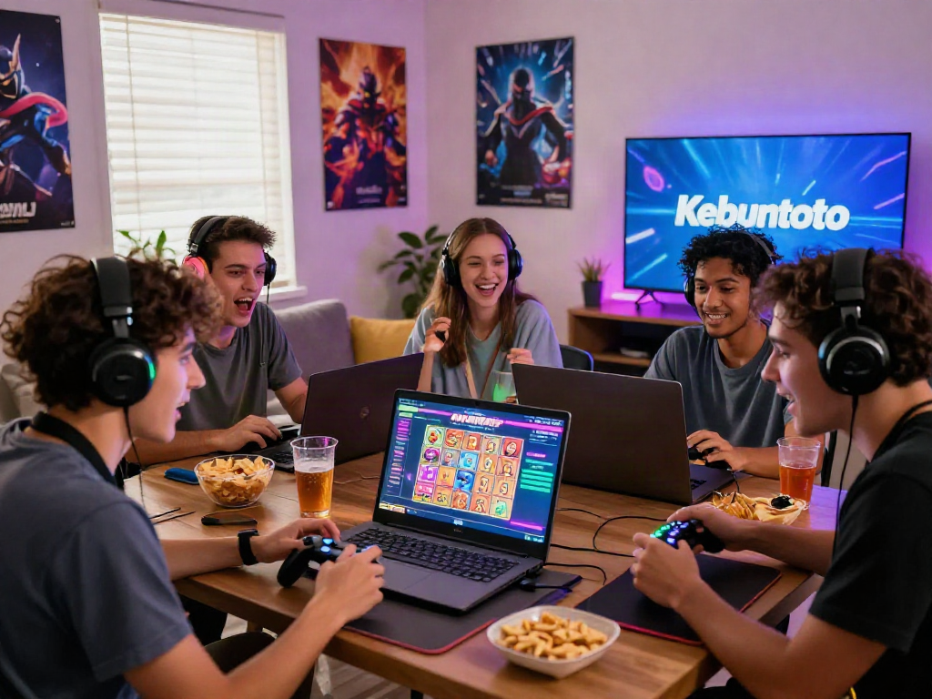 Friends joyfully playing online lottery at Kebuntoto gaming platform.