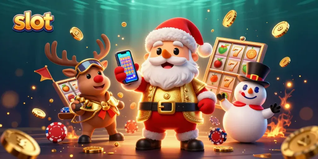 Slot yang mengasyikkan ditangkap dalam ilustrasi 3D menampilkan Santa, rusa, dan manusia salju.