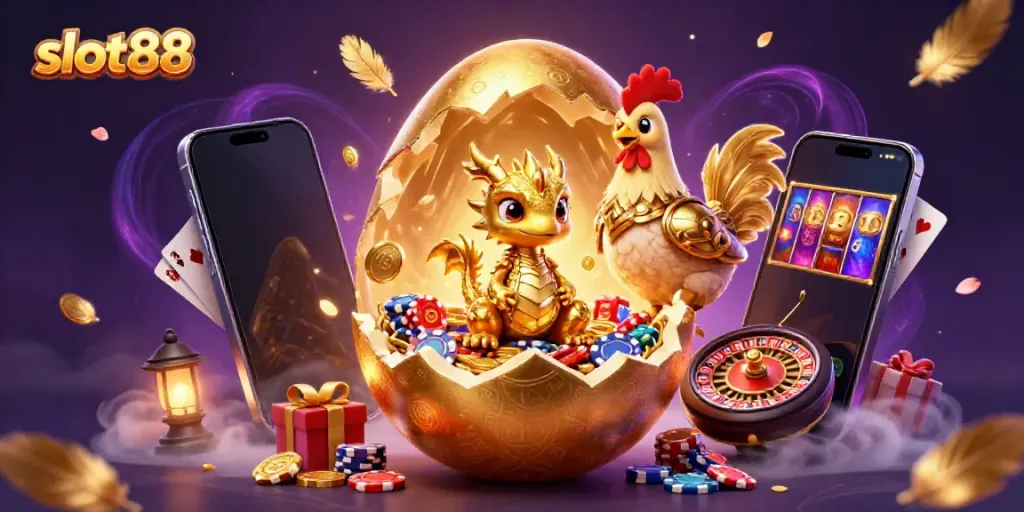 Slot88 menampilkan ilustrasi 3D kolosal telur emas dengan naga emas dan kasino, meriah dan menarik.