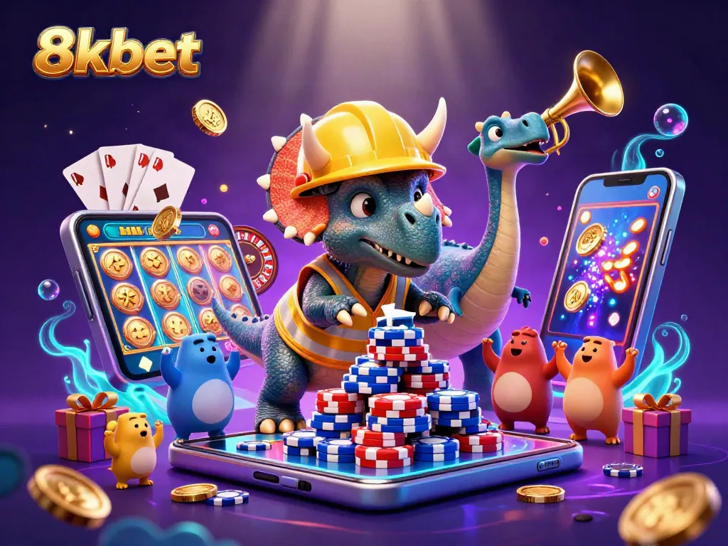 Celebrate big wins at 8xbet with a vibrant casino scene filled with fun characters and games.