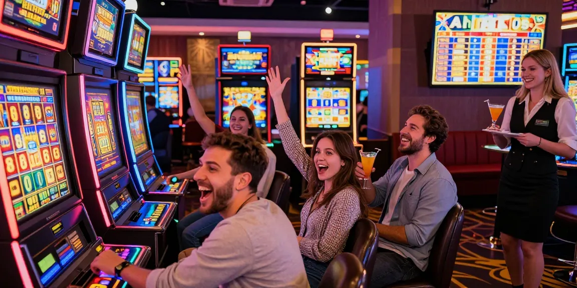 Grup teman bersenang-senang di slot mesin di https://honda555.net/ dengan lingkungan kasino yang cerah dan menggembirakan.